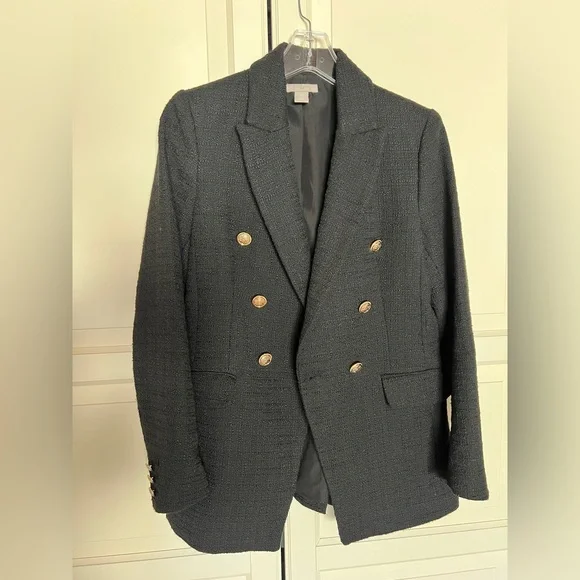 H&M Black Tweed Double-Breasted Blazer with Gold Buttons Size Small - Picture 2 of 9